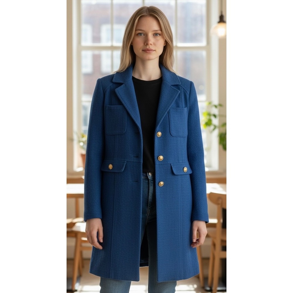 Chico's Tweed Textured Coat Womens 0 Teal Blue Gold Button Longline Jacket